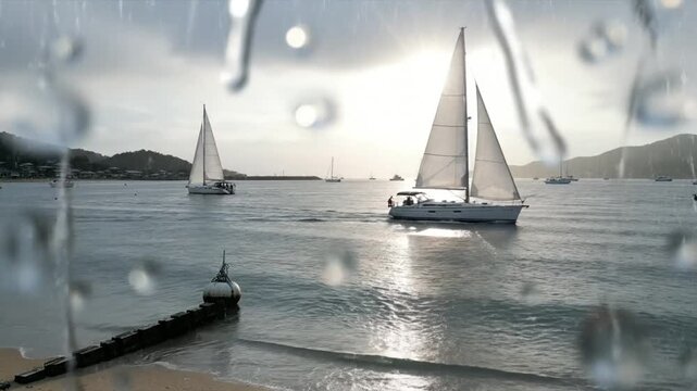 Rainy beach scene with sailboats and sunlight breaking through, a tranquil and scenic coastal vista