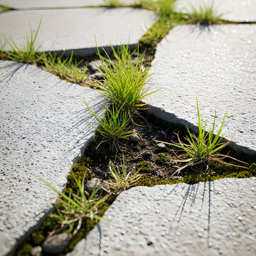 Green grass growing through cracks in paving stones, symbolizing resilience and nature's persistence.