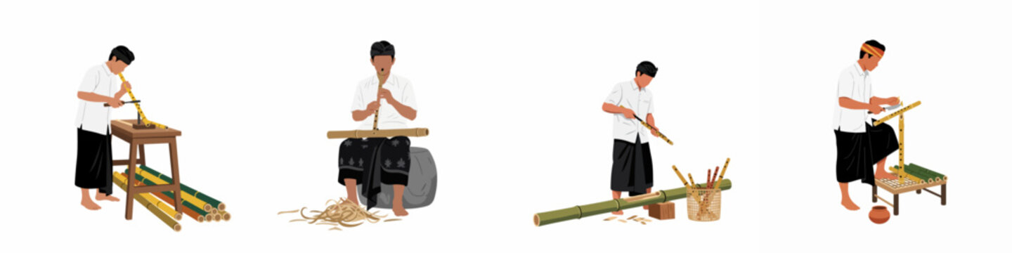 Illustrations showing the traditional process of Balinese artisans crafting handmade bamboo flutes, from drilling holes to testing the final musical instrument.