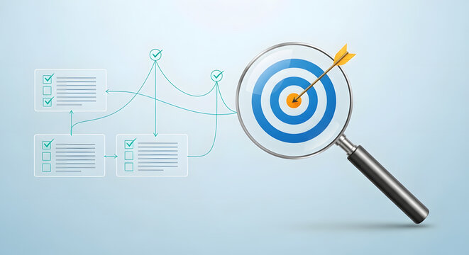 Magnifying glass examines flowchart with target and arrow hitting bullseye