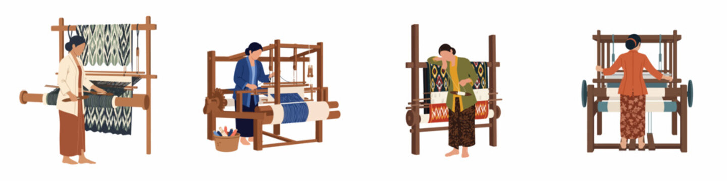 Vector illustration set of Indonesian women weaving traditional ikat textiles using manual handlooms isolated on a white background representing cultural heritage and craftsmanship.