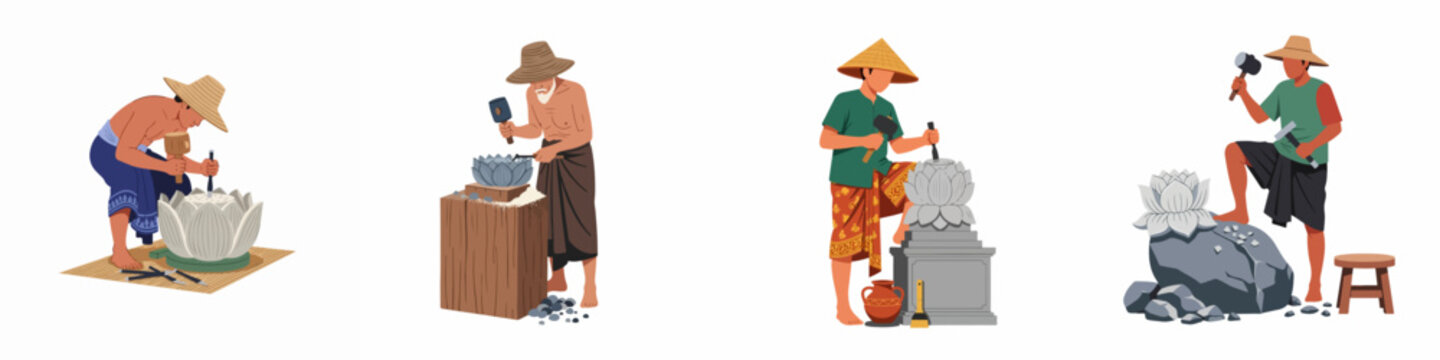 Set of traditional Southeast Asian stone carvers crafting intricate lotus flower sculptures with mallets and chisels in a flat illustration style.