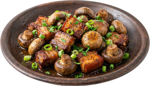 Savory dish of pan fried pork belly cubes and whole mushrooms garnished with chopped green onions and fresh parsley served on a rustic brown plate food cuisine gourmet delicious