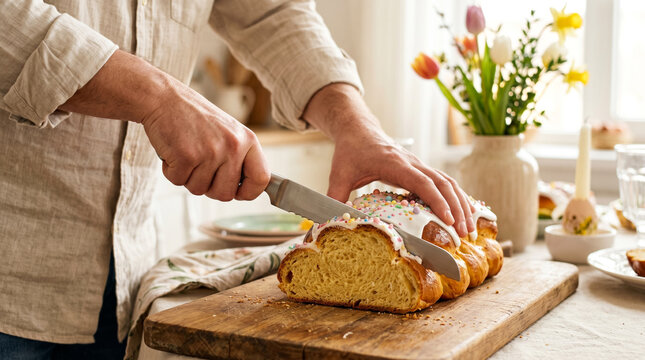 Hands slicing Easter bread on wooden board in bright kitchen, spring holiday baking and traditional food ceremony