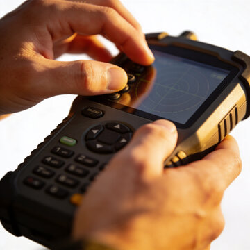 Hands using a rugged industrial handheld device with keypad and screen