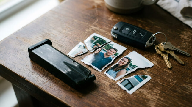 Torn photograph of a man and a woman on a wooden table. Concept of relationship breakup, divorce or separation. Sadness after parting, social issue of marriage ending with key.
