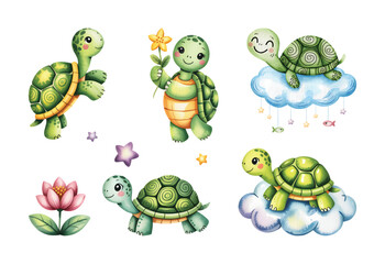 Obraz premium Cute turtle nursery collection in watercolor, adorable baby tortoise characters with clouds.