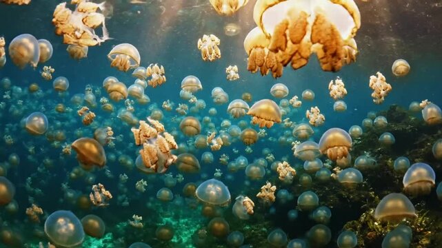 Mesmerizing swarm of golden jellyfish gracefully floating in the tranquil, sunlit depths of the ocean