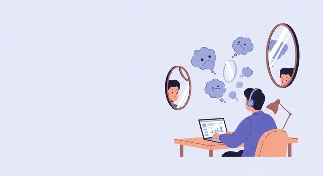 Man wearing headphones at desk with laptop reflecting multiple sad faces in mirrors symbolizing self doubt and mental struggle with online