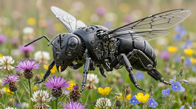 Biodrone. Bionik Bioroboter KI Chip Suchroboter ferngesteuert. Biomechanisch. Futuristische Biodrohne schwebt &uuml;ber Wildblumen auf der Suche. Makroaufnahme