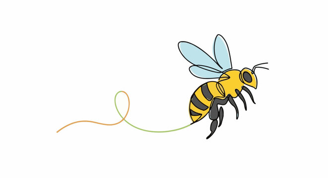 A whimsical line art illustration of a yellow and black bee in flight