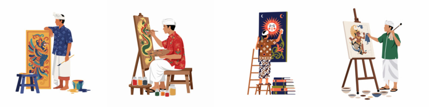 Four Balinese artists in traditional dress creating mythological paintings on canvases and walls using brushes, palettes, and vibrant colors in a flat illustration style.