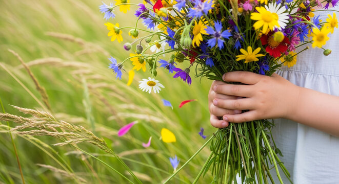 Small child hands holding colorful wildflower bunch in summer meadow with tall grass, childhood innocence and nature connection