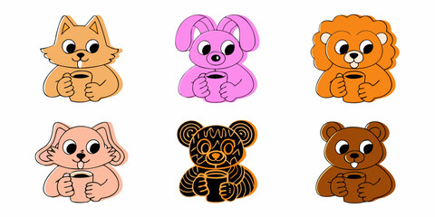 Fototapeta premium Cartoon animals holding coffee cups colorful vector illustrations