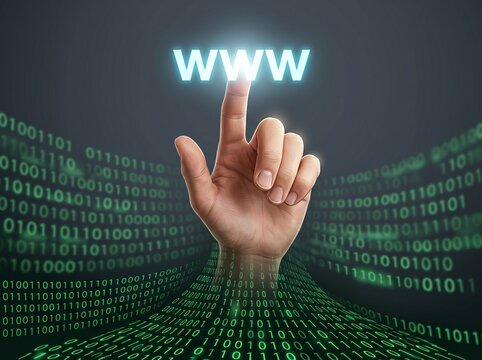 Human Hand Pointing Index Finger Upward Touching Glowing Blue WWW Text Surrounded by Green Binary Code Matrix Representing World Wide Web Internet Concept