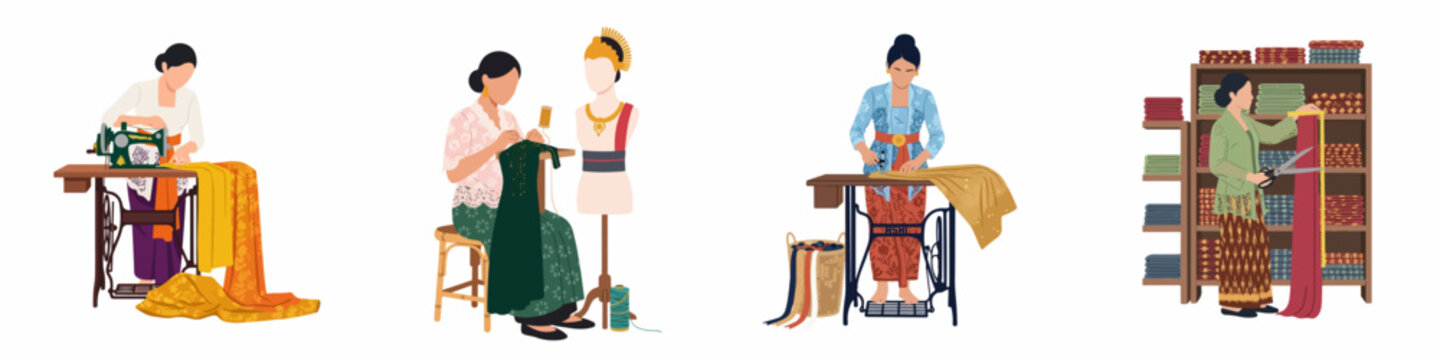 Illustrations of Indonesian women seamstresses and tailors working on traditional garments with sewing machines and hand-stitching techniques.