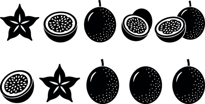 Passion Fruit and Starfruit Silhouette Icon Set Featuring Whole and Cut Halves with Seeds for Fresh Tropical Food Graphic Designs
