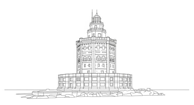 Sketch of a Tall Historic Building with a Tower and Architectural Details.