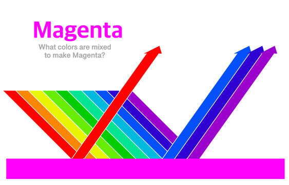 Magenta mixture of colors seen. Red, purple, blue formation. Subtractive, additive colors. CMYK, electromagnetic spectrum. Light, dark absorption reflection color blend. Illustration vector