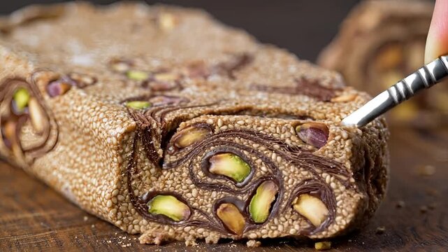 Closeup of a Spoon Cutting into Delicious Pistachio Halva.