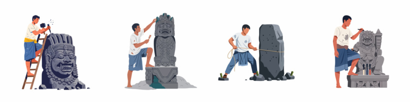 Collection of traditional Balinese stone carvers working on intricate statues and demon sculptures with hand tools, set on white background.