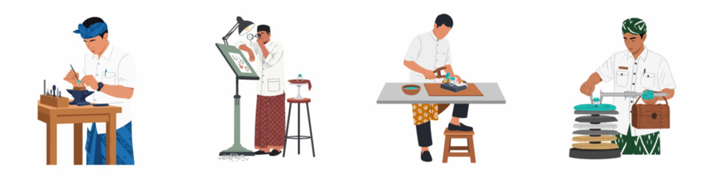 Traditional Indonesian jewelers and goldsmiths working on jewelry design and creation in a series of flat illustrations.