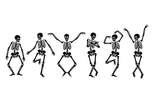 Six skeletons dancing in different poses on white background