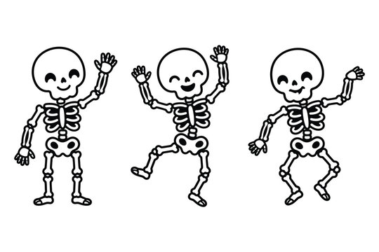 Three cartoon skeletons dancing in different poses with smiling faces