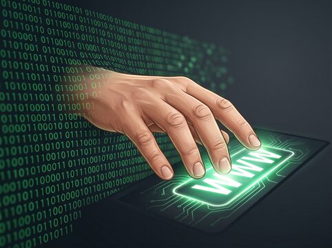 Human Hand Reaching Through Binary Code Matrix to Touch Glowing Green WWW Internet Button on Circuit Board Representing Digital Access to World Wide Web
