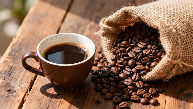 robusta. Coffee cup with roasted beans in a burlap sack on a rustic wooden surface. bar promotions, beverage menus, designed for food & beverage menus and cafe branding, used by clinicians.