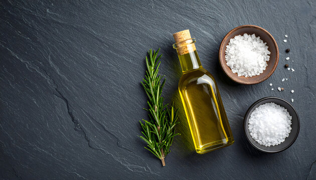Botella de aceite de oliva con romero y sal marina sobre fondo de piedra oscura