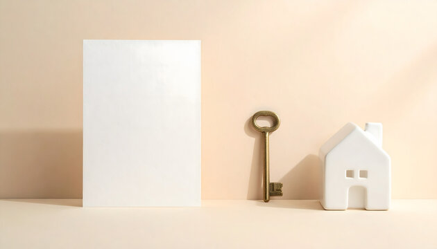 Llave dorada, tarjeta en blanco con peque&ntilde;a figura de casa sobre fondo beige