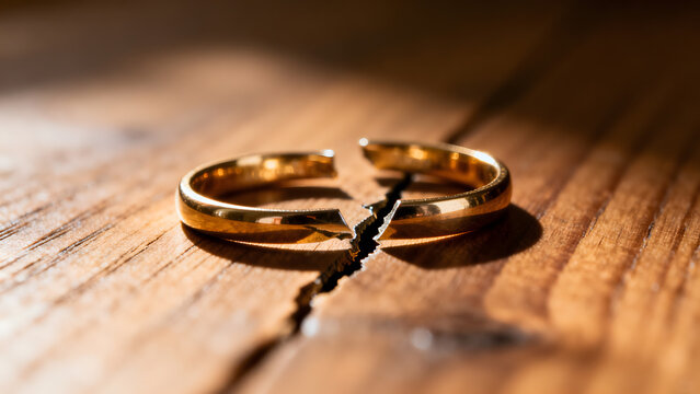 toroidal. A broken wedding ring lies on wood with a visible crack and side lighting. wellbeing guides, coaching materials, designed for coaching and self-improvement content, used by videographers.