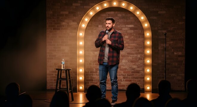 Comedian performing stand up comedy on stage