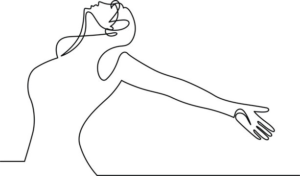 Continuous line drawing of a woman with arms outstretched looking up line art