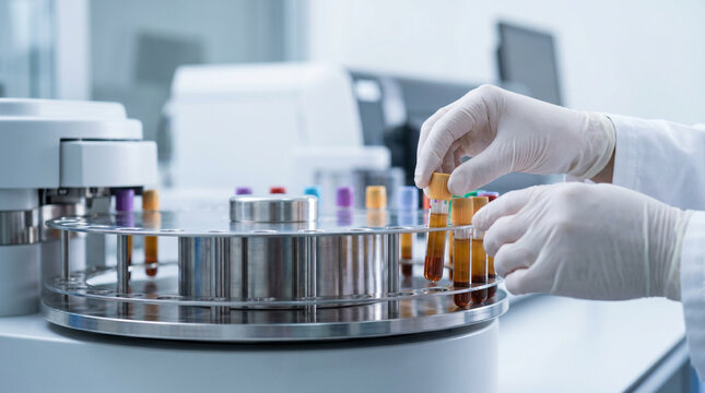 Forensic toxicologist loading blood serum samples into an automated mass spectrometry carousel in a clinical hospital environment laboratory