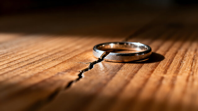 toroidal. A broken wedding ring lies on wood with a visible crack and side lighting. wellbeing guides, coaching materials, designed for coaching and self-improvement content, used by videographers.