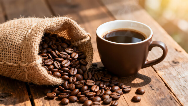 robusta. Coffee cup with roasted beans in a burlap sack on a rustic wooden surface. bar promotions, beverage menus, designed for food & beverage menus and cafe branding, used by clinicians.