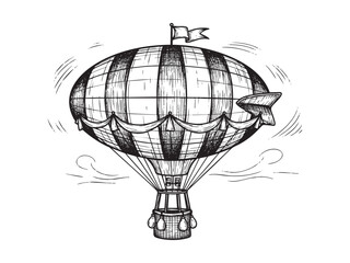 Obraz premium Retro hand drawing hot air balloon. Vintage hot air airship vector sketch