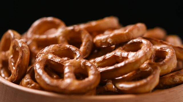 Rotating bowl of pretzels on table close up snack food concept