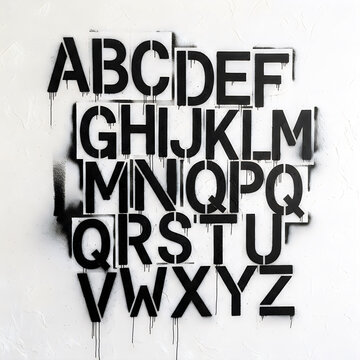 Stenciled black alphabet letters in graffiti style on white wall.