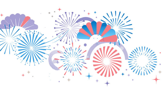Festive fireworks and Japanese fans celebrating a vibrant summer festival against a clean white background