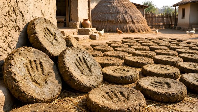 Dung cake in line with fields background at village atmospheric making process of dry in Sun shine making fuel for clay made stove buring fire traditional objects made by Indian women generated by AI