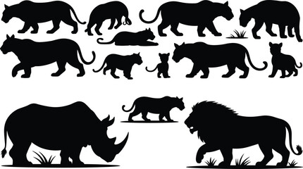 Black silhouette collection of wild animals including panther lion rhinoceros and big cats isolated vector set © SreePoreshChandra