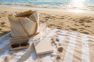 Sunlit beach picnic setup with tote bag, sunglasses, book, shells and glass jar on striped towel by the sea. Ideal for travel ads, summer blogs, resort banners or wellness social posts. © SilverOwl