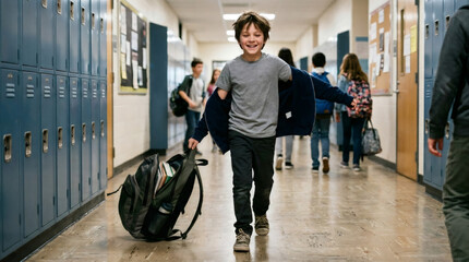 Fototapeta premium Happy boy walking in school hallway with backpack. Student running excitedly through corridor after class. Childhood education, energy, and school life concept. Back to school theme.