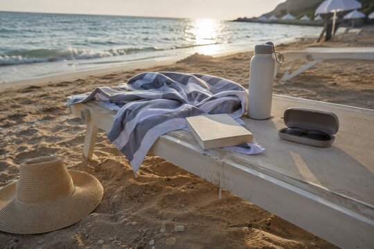 Serene beach lounge scene with towel, book, hat and insulated bottle on a sunlit chair near gentle waves. Perfect for resort ads, wellness blogs, travel editorials or calm summer campaigns.