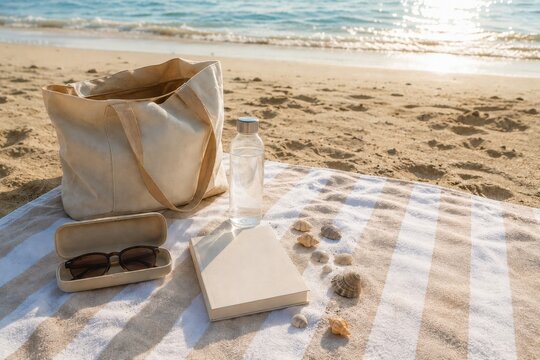 Sunlit beach picnic setup with tote bag, sunglasses, book, shells and glass jar on striped towel by the sea. Ideal for travel ads, summer blogs, resort banners or wellness social posts.