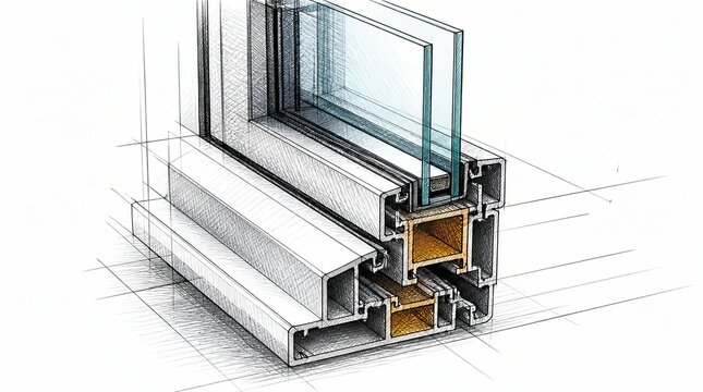 Macro view of hand drawn cross hatching lines detailing a 20260510 gigapixel cgi 4x technical architectural window section with intricate steel frame structure and transparent double glazing glass.