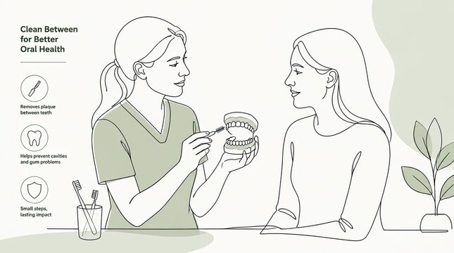 Minimalist continuous line art illustration of a professional dentist explaining oral hygiene and interdental care to a patient in a clinical office setting for dental education materials.